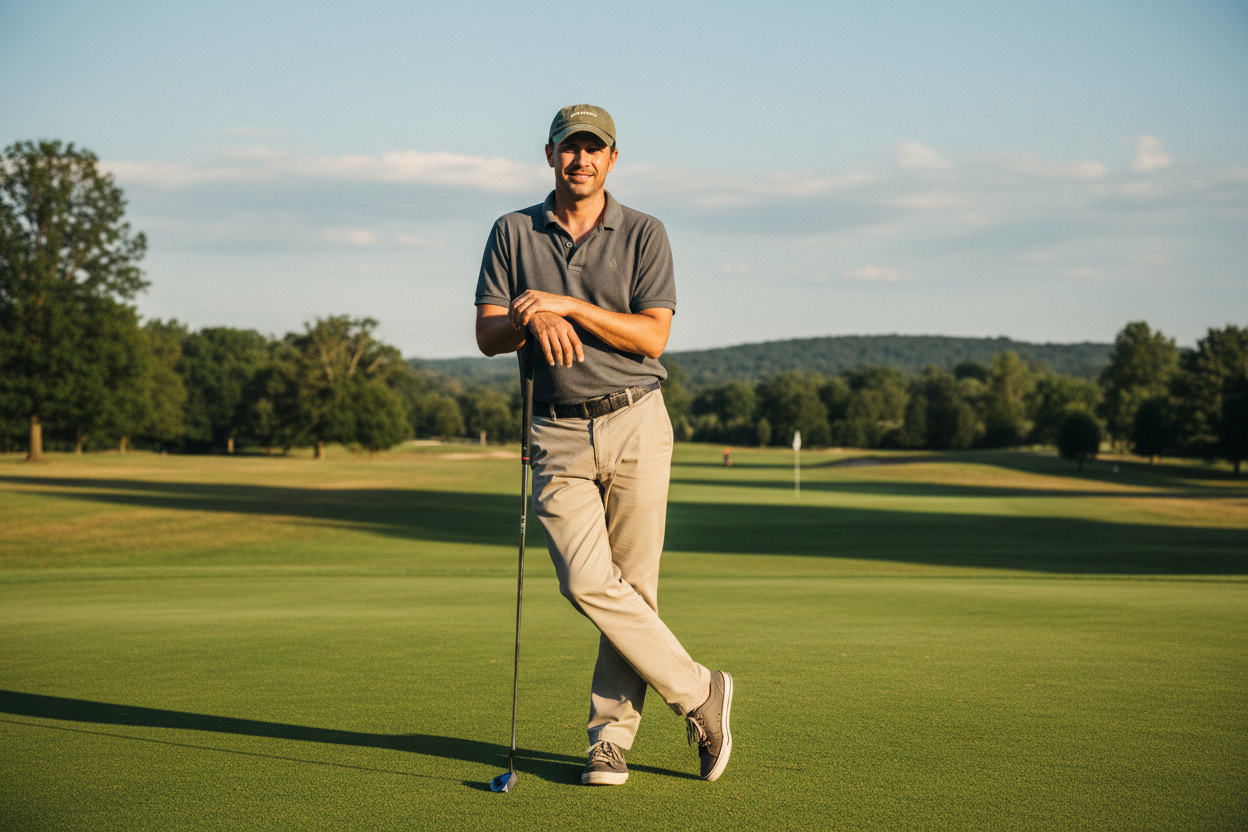 Ball cap wearing, non-preppy golfer leaning on putter while on the green