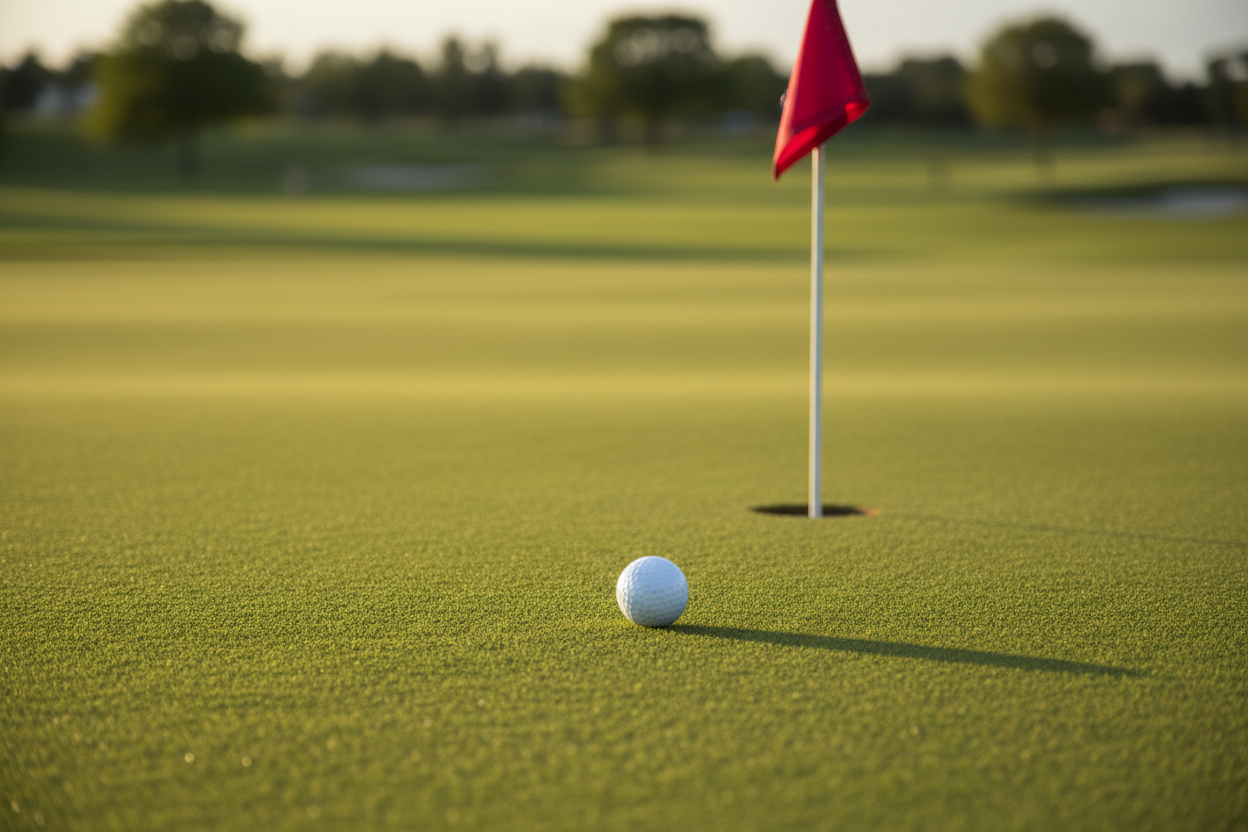 golf ball on a green near the flag and hole
